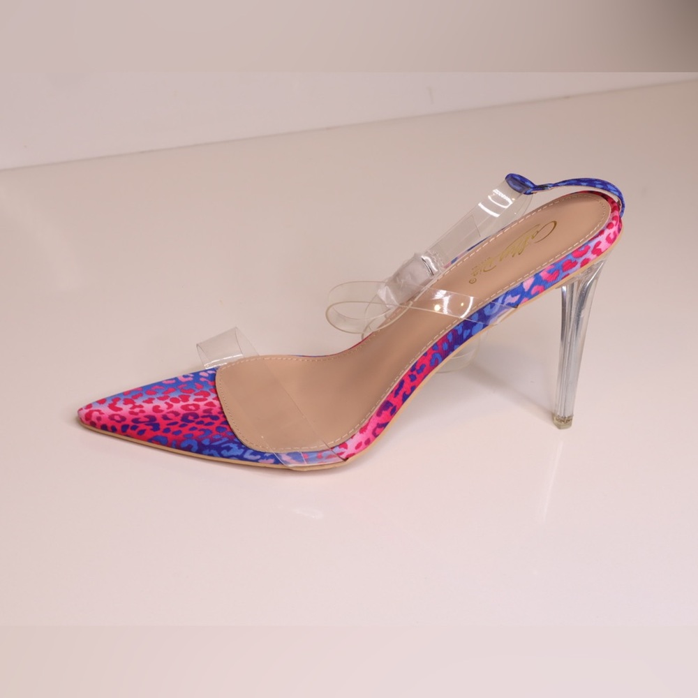 Multicolored Cheetah and Clear Pointed Toe Heels